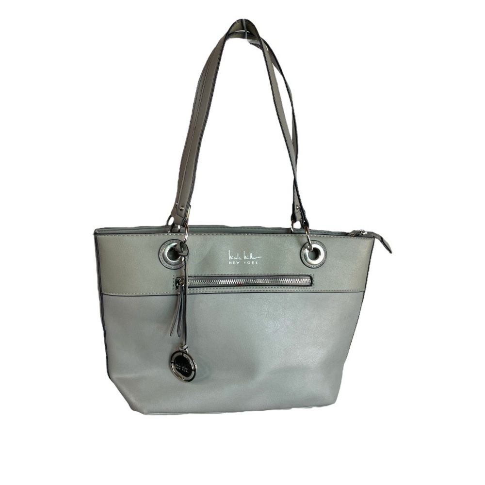 Nicole Miller Grey Tote Bag: featuring faux leather and silver hardware